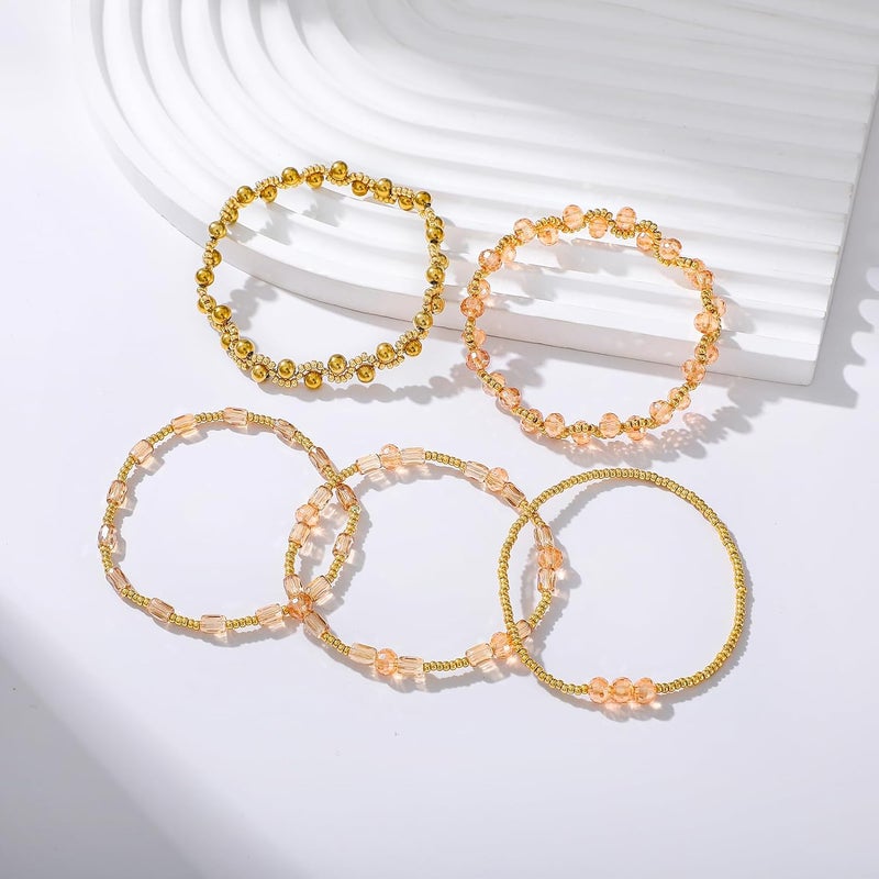 Pymach Store Dainty Gold Plated Pearl Crystal Beaded Bracelets Set for Women 14K Gold Plated Bead Pearl Beads Bracelet Stackable Paperclip Link Chain Bracelets Gold Plated Bracelets for Women Trendy Jewelry - Image 5